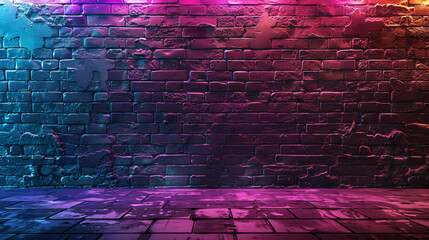Empty background of old brick wall background neon lights