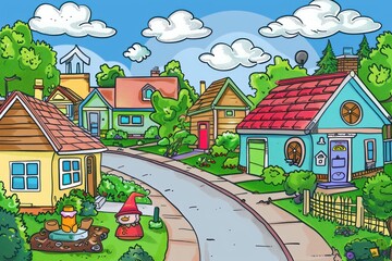 Cartoon cute doodles of a suburban cul-de-sac with identical houses, each with a unique garden gnome or decoration in the front yard, Generative AI