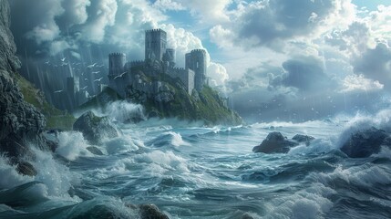 Majestic fortress surrounded by a turbulent sea, waves crashing against rocky shores, perfect for dramatic naval encounters in fantasy RPGs.