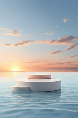 Podium on the water at sunset. 3d render. Business concept.