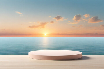 Empty podium on wooden floor with sea and sunset background. 3d render