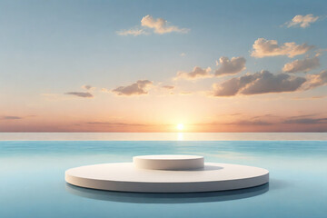 Minimal modern product display on a natural background of sky and water. Concept stage showcase for new product