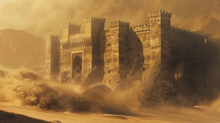 Imposing stone fortress in a desolate wasteland, with sand swirling around its massive walls and battlements, ideal for fantasy RPG adventure scenes. - obrazy, fototapety, plakaty