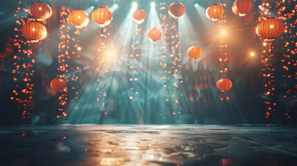 Empty scene of a show with lanterns and concrete floor