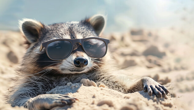 A raccoon is laying on the beach wearing sunglasses. The scene is lighthearted, playful, with the raccoon looking like it's having a good time. a raccoon, wearing sunglasses, sunbathing on the beach