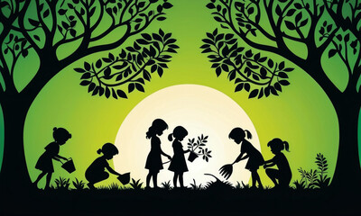 Ssilhouetted children in a green forest, nurturing a young plant, conveying a message of growth and care for the environment.
