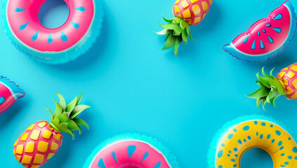 Pool water float toys. Inflatable swim rings, watermelon, pineapple colourful ocean floating rings for children. 3D render cartoon for tropical vacation copy space banner for mobile and web. 