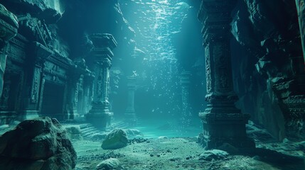 Fantasy RPG adventure scene, exploring deep sea ruins, mysterious glyphs and submerged palaces, an underwater odyssey in stunning 4k resolution