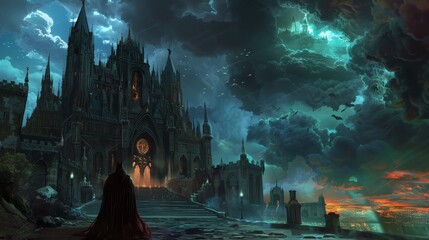 Fantasy RPG adventure scene, dark castle filled with magic, traps, and robed wizards casting spells, ominous clouds overhead