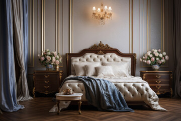 A bedroom with a large wooden bed in classic style home interior design. Traditional house decoration concept