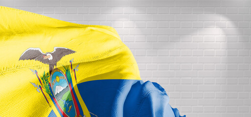 Ecuador national flag cloth fabric waving on beautiful bricks Background.	
