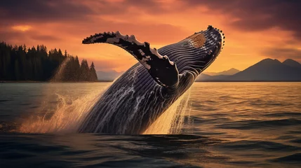 Poster dolphin jumping sunset over the ocean © qaiser