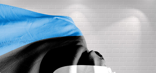 Estonia national flag cloth fabric waving on beautiful bricks Background.	
