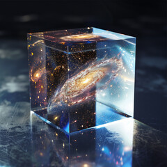 A galaxy encapsulated within a transparent cube on a reflective surface.