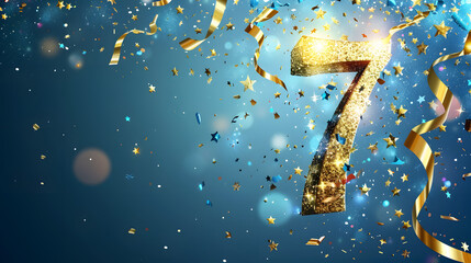 7 Anniversary celebration. Golden number 7 with sparkling confetti, stars, glitters and streamer ribbons, blue color palette background . - obrazy, fototapety, plakaty
