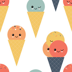 Cute cartoon ice cream seamless pattern. Summer gelato ball repeating background. Sweet texture design. Vector illustration for textile, cafe menu, wrapping paper, wallpaper