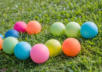 Multi-colored balls are laid out on green grass. Soft daylight.