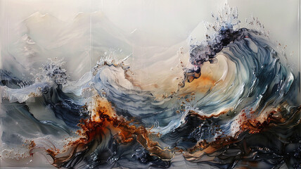 Cascading waves of oil paint, frozen in time on a transparent canvas - obrazy, fototapety, plakaty