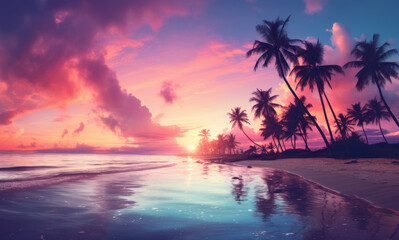 Fototapeta na wymiar Twilight on the beach. Colorful pink sunset on tropical ocean beach with coconut palm trees silhouettes.