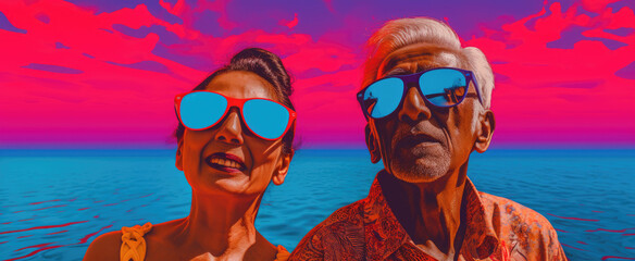 Contemporary elderly individuals showcasing their style in trendy attire, defying age stereotypes with confidence.