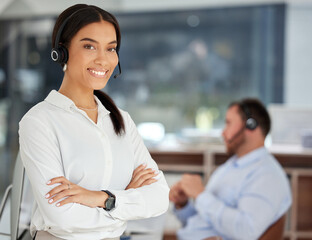 Call center, portrait or arms crossed by woman manager in office consulting for crm, faq or b2b...