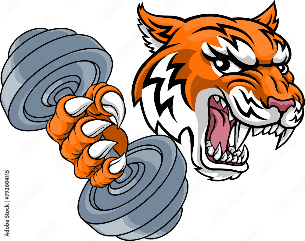 Wall mural tiger weight lifting dumbbell gym animal mascot - Wall murals