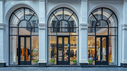 A store front with a large archway and three windows