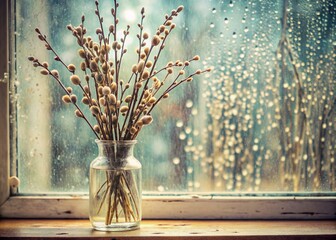 Palm Sunday. A close-up of a willow bouquet in a glass vase against the background of an old white window with raindrops on the glass.