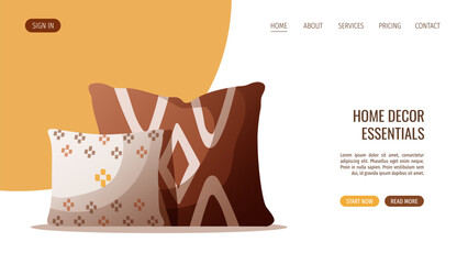 Web page design with two pillows in boho style. Home interior, cozy home concept. Vector illustration for banner, website.