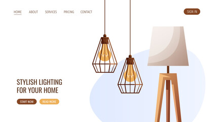 Geometric ceiling pendant light and wooden tripod floor lamp. Interior design, home decor, cozy home concept. Vector illustration for banner, website.