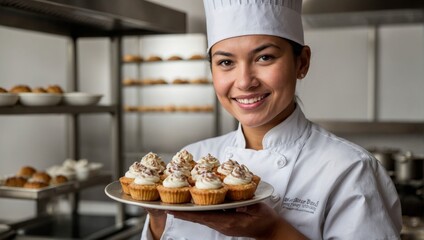 female baker holding a tray of cookies