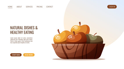 Web page design with wooden bowl of apples. Healthy eating, fruits. Vector illustration.