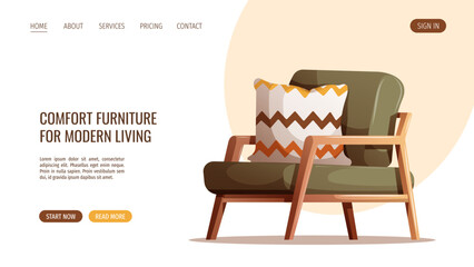 Web page design with Cozy armchair with pillow. Interior design, furniture, living room, home decor concept. Vector illustration for banner, website.