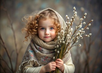 Palm Sunday. Christianity. Portrait of a three-year-old girl in a Russian folk shawl with willow branches in her hands on a background of a flowering willow. - obrazy, fototapety, plakaty