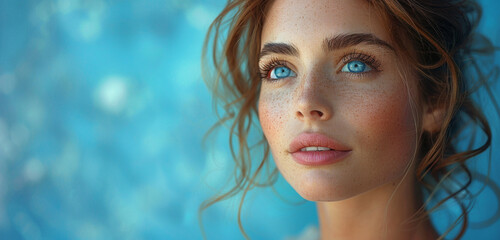 A confident woman with radiant skin and flowing hair, posing gracefully against a vibrant blue background, exuding timeless beauty and elegance