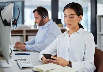 Break, smartphone and woman in call center for social media for information, mobile app or...