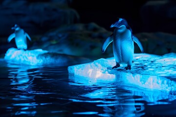Penguins walk on glowing ice - obrazy, fototapety, plakaty