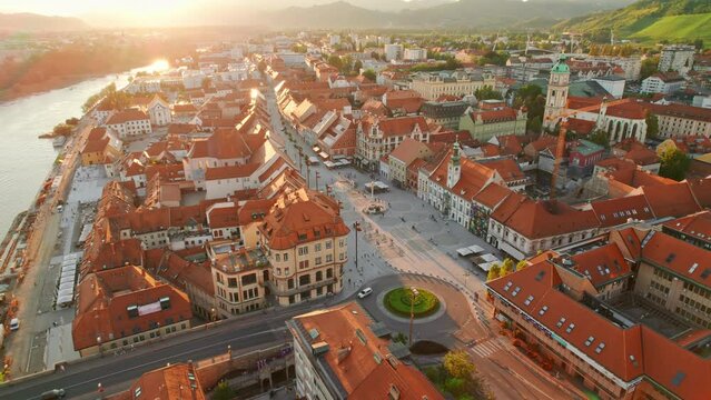 Maribor cityscape aerial view at sunset, Slovenia