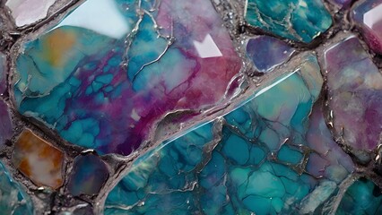 Beautiful geode stone slice background. Highly detailed colorful closeup top view shot, AI generated