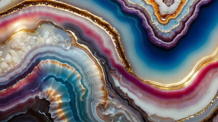 Beautiful geode stone slice background. Highly detailed colorful closeup top view shot, AI generated