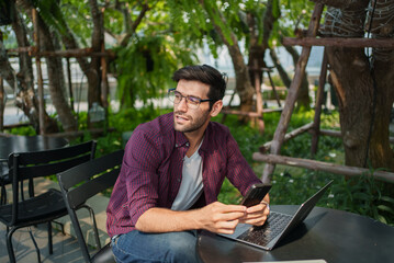 Fototapeta premium Portrait men with technology. Lifestyle men working