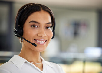 Happy, woman and face at call centre, closeup for telemarketing, customer service and technical...