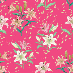 Hand Drawn Lily Flowers print for textile. The drawn flowers beautiful illustration for the fabric. Design ornament pattern seamless. Vector