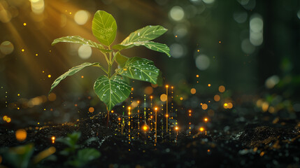 Plant Seedling Surrounded by Magical Glowing Particles - obrazy, fototapety, plakaty