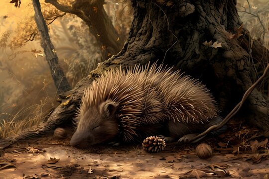cartoon illustration, a hedgehog sleeping under a tree