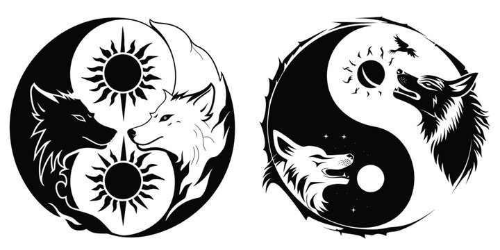 yin-yang symbol with an image of two wolves howling at each other inside. isolated in white background. vector illustration