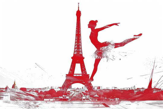 Red paint of olympic gymnastics woman in artistic move at eiffel tower