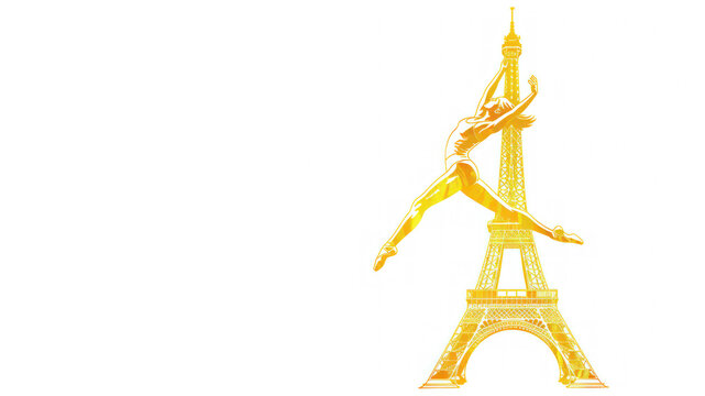 Yellow paint of olympic gymnastics woman in artistic move at eiffel tower