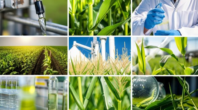 A collage of images showcasing the versatility of biorefineries from producing biofuels and bioplastics to creating renewable chemicals and materials. The images range from fields .