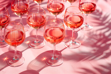 Glasses of wine on pink surface, pattern